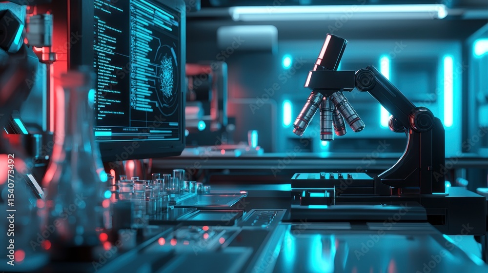 Poster futuristic laboratory, microscope and computer screen in a modern science lab