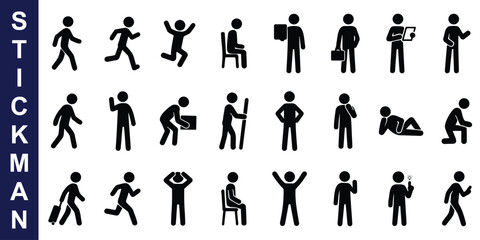 Minimal stickman icon set - showing diverse human actions and poses including walking, working, dancing, jumping, sitting