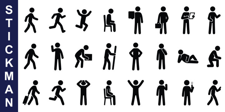 Minimal stickman icon set - showing diverse human actions and poses including walking, working, dancing, jumping, sitting