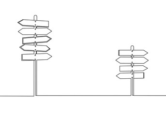 Two directional signs with multiple arrows pointing in different directions in a simple line drawing