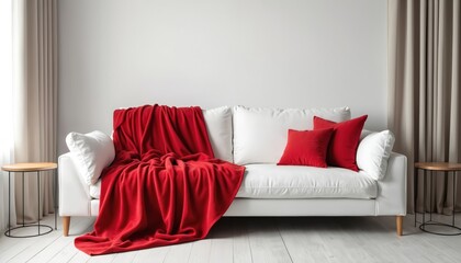 White sofa with red blanket and pillows in modern interior. Cozy living room decor with bright accents. Minimalist design, home comfort, stylish furniture in apartment.