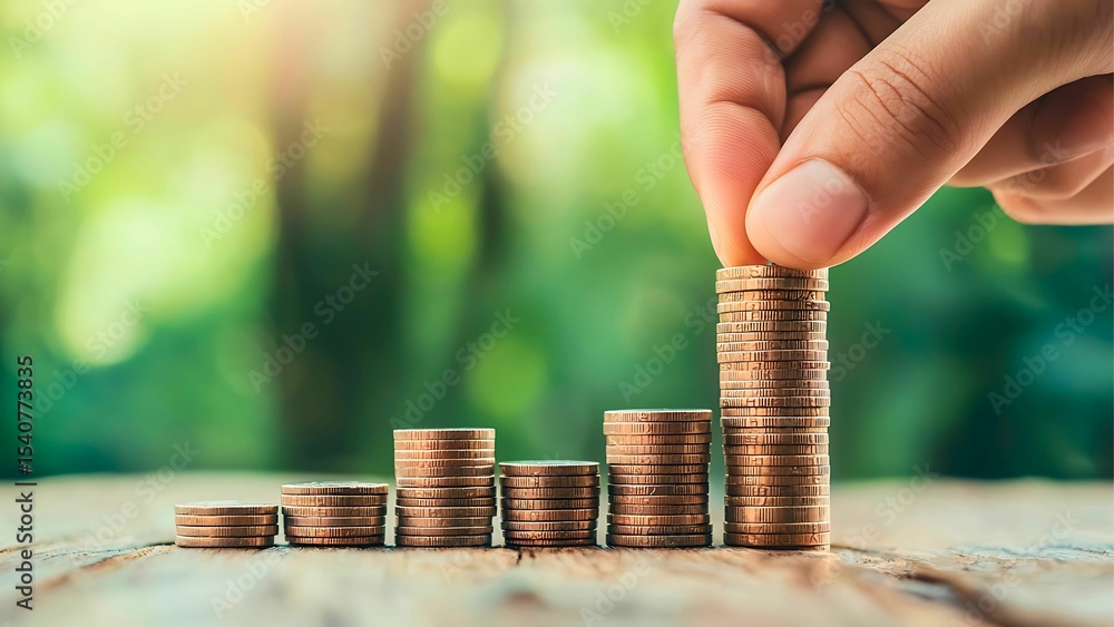 Poster hands placing coins in a stacked columns
