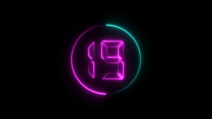 A circular illustration, and glowing digital neon number 19 illustration. on a black background. and creating a stunning illustration.4k illustration