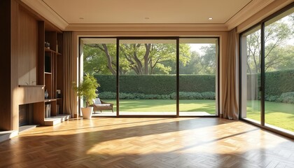 Fototapeta premium Spacious living room with large windows. Garden view from home. Herringbone parquet flooring, wooden floor. Cozy interior design. Sunlight, natural light creates bright atmosphere.