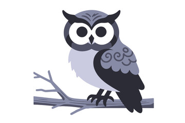 Obraz premium Cartoon Owl on a Branch - Cute Gray Owl Illustration - Forest Animal Artwork for Kids- Owl Graphic Design for Children- Nature Inspired Clipart