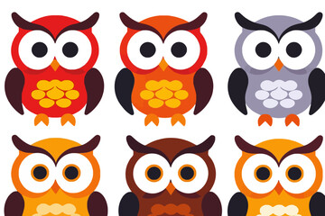 Fototapeta premium Colorful Cartoon Owls- Cute Owls in Red- Orange- Grey- Brown and Yellow- Vector Owl Clipart- Whimsical Bird Illustration- Digital Owl Design- Owl Pattern