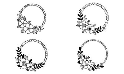 Decorative floral rope hoop wreath set with flowers and leaves in black outline style

