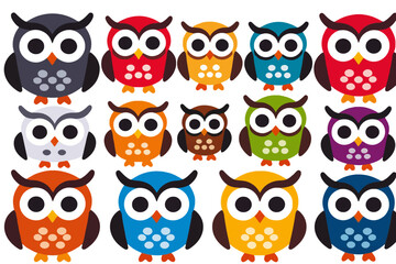 Obraz premium Colorful Cartoon Owls Illustration - Cute Owl Characters in Various Colors - Fun Owl Design for Kids and Decoration- Animal Clip Art- Wall Art
