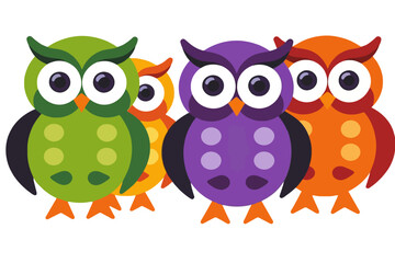 Fototapeta premium Colorful Cartoon Owls Illustration- Whimsical Owl Family Graphic- Cute and Fun Owl Design for Kids- Playful Owl Characters in Green Purple and Orange