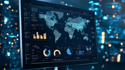 Modern technology, data analysis, and the digital world intersect on a computer screen with complex data visualizations, reflecting the depth of digital information 