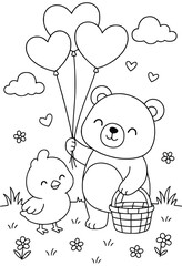 Cute Bear and Chick with Heart Balloons – Valentine Picnic Coloring Page