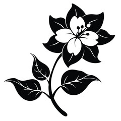 Stylized Black and White Flower Blossom with Leaves Illustration, Decorative Vector