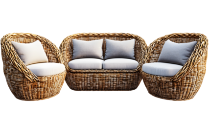 Rattan Wicker Sofa Set Cushions isolated on a transparent background