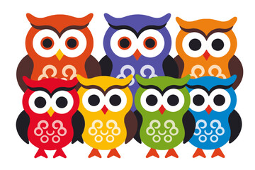 Fototapeta premium Colorful Owl Vector Illustration-Fun Cartoon Owls for Kids-Adorable Owl Clipart Design-Perfect for Children's Books and Nursery Decor-Bright and Cheerful Owl Graphics
