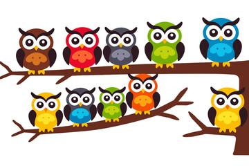 Fototapeta premium Colorful Owls on a Branch Illustration- Whimsical Owl Art for Kids- Cute Owl Cartoon Design- Owl Themed Graphic for Children's Projects- Owl Vector Illustration