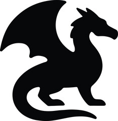 Silhouette dragon standing with wing spread monochrome vector illustration
