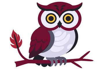 Fototapeta premium Cute Burgundy Owl Clipart Illustration-Whimsical Bird on Branch Vector Graphic-Ideal for Childrens Designs-Educational Material and Nature Themed Projects