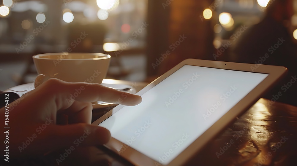 Poster person using a tablet computer in a cafe.