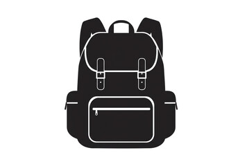 A black and white illustration of a backpack with straps and pockets on a white background image