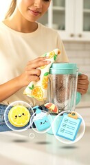 Woman Cleaning Kitchen Blender with Fun Cartoon Icons