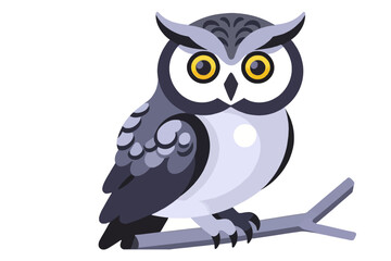 Fototapeta premium Cute Cartoon Owl Illustration-Gray and White Owl Perched on a Branch-Animal Vector Art-Owl Clip Art for Kids-Wildlife Illustration with Big Eyes