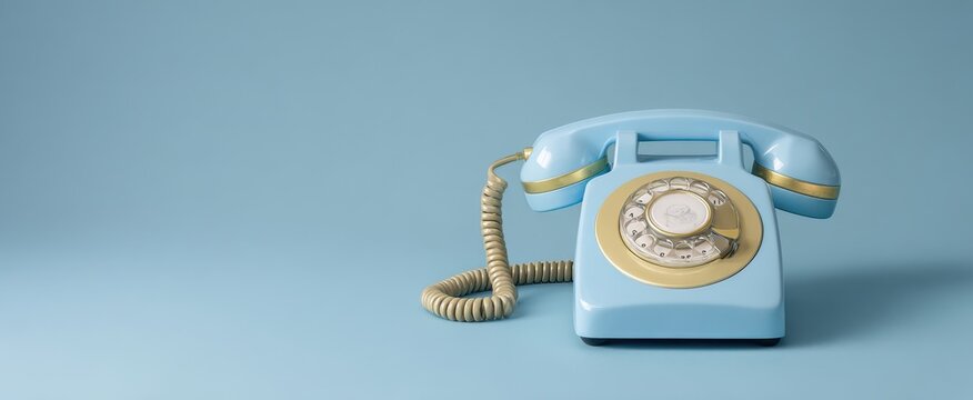 The vintage blue telephone with rotary dial against a soft pastel background.
