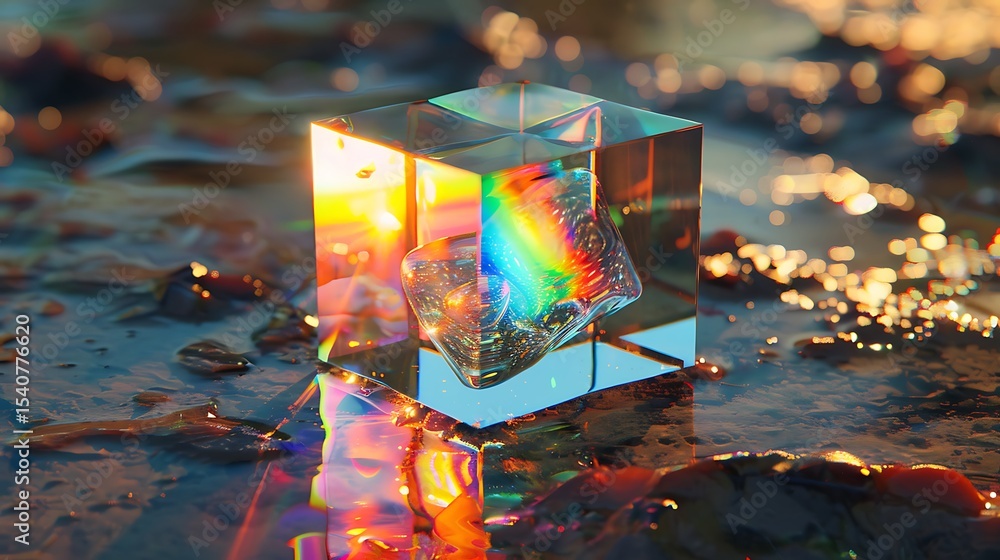 Poster a translucent cube refracts light on a textured surface.