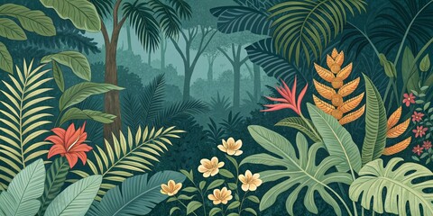 Lush Tropical Forest Illustration with Exotic Flowers and Dense Foliage, Jungle ,Botanical