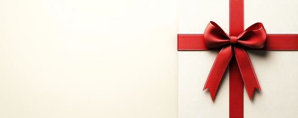 Red Ribbon Bow on Cream Background, Gift Wrapping, Holiday Design, Gift, Ribbon