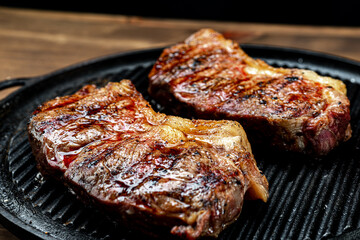 Generous pieces of grilled steak with fat. Beef and noble meat, served in traditional Brazilian steakhouses