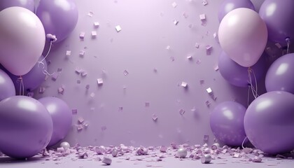 Purple balloons and confetti on purple background. Festive backdrop creates party atmosphere. Birthday celebration design, holiday or event greeting card template. Place for text.