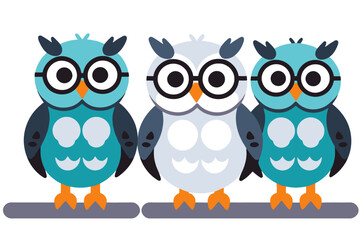Fototapeta premium Cute Cartoon Owls Illustration-Three Smart Owls with Glasses-Educational and Whimsical Design-Perfect for Kids and Learning Materials-Colorful and Engaging Artwork
