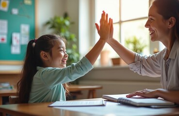 Girl giving high five teacher, student, celebrating school success. Happy child, woman support, help classroom, fun learning, achievement, book, pen. Concept education, study, knowledge, school day,