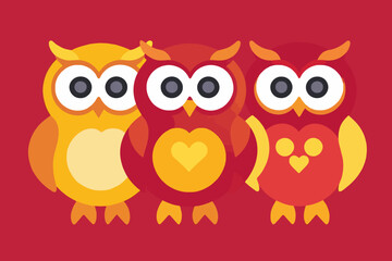 Fototapeta premium Cute Cartoon Owls Illustration-Whimsical Owl Trio on Red Background-Adorable Vector Art for Kids-Friendly Owl Characters Design