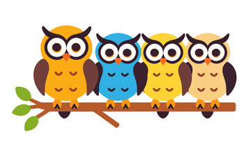 Fototapeta premium Cute Cartoon Owls on a Branch Illustration- Colorful Owls Vector Design- Ideal for Kids Room Decor- Educational Owl Art- Whimsical Animal Illustration