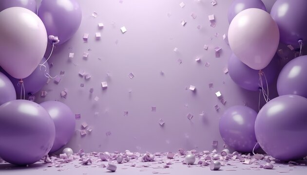 Purple balloons and confetti on purple background. Festive backdrop creates party atmosphere. Birthday celebration design, holiday or event greeting card template. Place for text. - Powered by Adobe