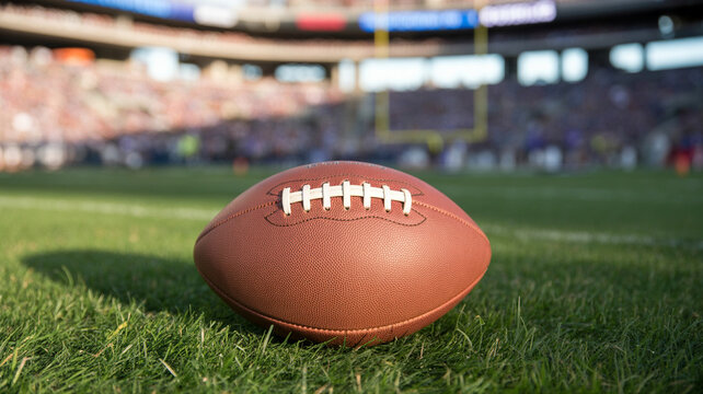 Football rests on the grass during a competitive match in a stadium filled with cheering fans on a sunny afternoon