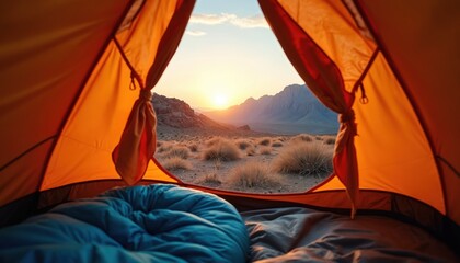 Sunrise view desert landscape from tent. Nature scenic panorama with mountains, sun, sky and desert bushes. Camping, vacation, hiking, adventure, exploration, travel outdoor holiday trip.