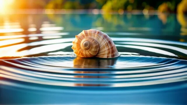 Close-up of a tan conch shell resting on smooth, reflective water with rippling circles and a backdrop of blurred green trees, bright sunshine
