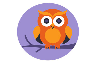 Fototapeta premium Cute Orange Owl on Branch Vector Illustration- Whimsical Bird Art for Kids- Playful Animal Design on Purple Background- Cartoon Owl Graphic for Children