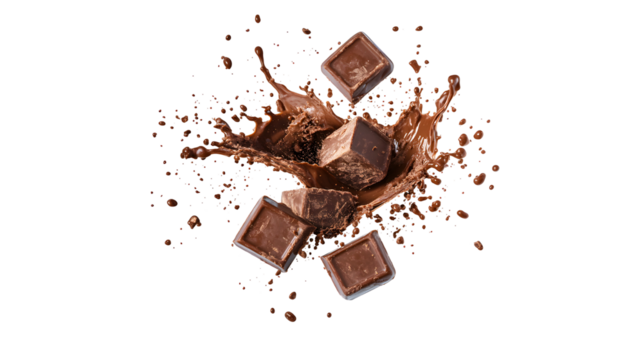Chocolate Blocks Splashing Brown Liquid isolated on a transparent background