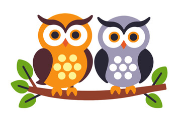 Obraz premium Cute Owl Illustration- Whimsical Bird Art on Branch- Orange and Gray Owls- Perfect for Nursery Decor- Childrens Room Artwork- Colorful Owl Design