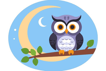 Obraz premium Cute Owl Perched on a Branch Under the Crescent Moon at Night-Whimsical Illustration of an Owl in a Nighttime Scene-Perfect for Children's Decor and Educational Materials