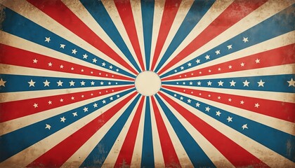Vintage starburst grunge background with red white blue stripes and stars. Patriotic American flag design for Fourth of July, Independence Day, celebration holiday.