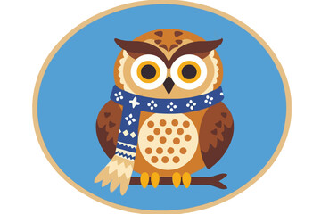 Fototapeta premium Cute Cartoon Owl with Scarf Illustration-Owl on Branch Art-Fun Educational Owl Design-Whimsical Owl Character for Kids Projects-Illustration of KSEQA IZZLIA CALIYA