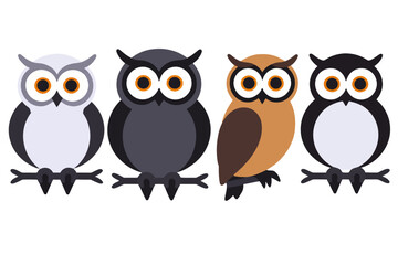 Fototapeta premium Four Owls on a Branch-Cute Cartoon Birds-Owl Illustration for Kids-Unique Owl Design-Ideal for Children's Books-Adorable and Colorful Owls-Wildlife Clip Art