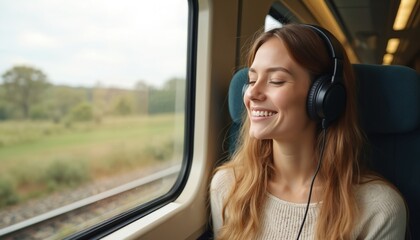 Young woman listens music headphones while traveling on train. Happy smiling passenger enjoys audio, journey, exploring. Female tourist on vacation, explores new city, technology, transportation.