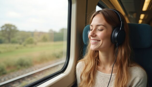 Young woman listens music headphones while traveling on train. Happy smiling passenger enjoys audio, journey, exploring. Female tourist on vacation, explores new city, technology, transportation.