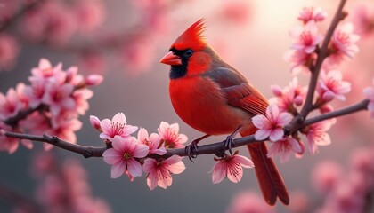 Northern Cardinal bird perched on blossoming branch. Vibrant spring scene, bright colors. Pink cherry blossom flowers on tree. Bird in bloom. Nature wildlife concept. Peaceful, calm mood. Ideal for