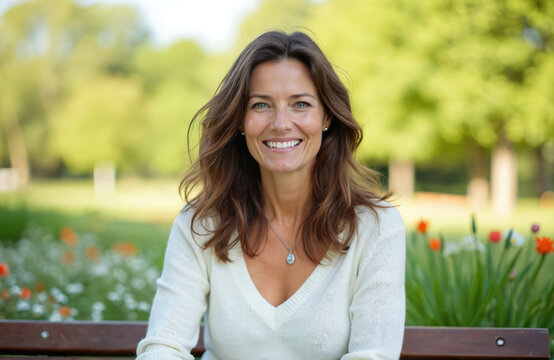 Attractive woman sits on bench in green park. Middle age female enjoys fresh air, natural light, sunlight, smiling at camera. Candid portrait, happy emotions, wellbeing, healthy lifestyle. 40s,